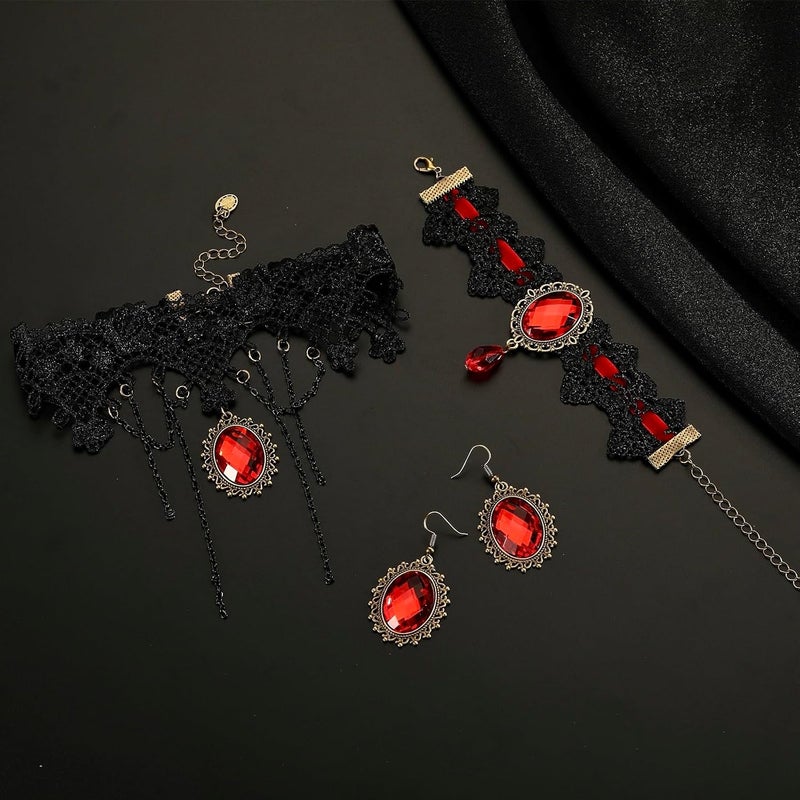 ELLEZZA Gothic Victorian Style Vampire Choker Necklace Bracelet Earrings Set,Halloween Pirate Steampunk Witch Vampire Costume Accessories Jewelry for Women,Adjustable Size - Image 4
